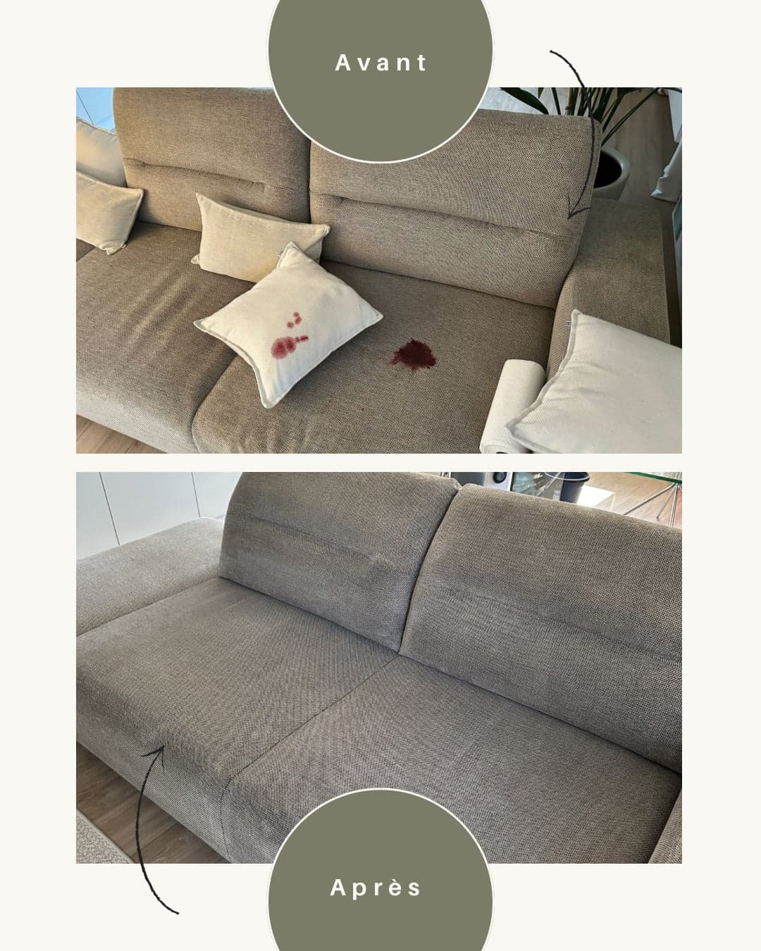 Avant / après : nettoyage d'un canapé en tissu à Strasbourg par Clean Pro — tache de sang séchée depuis 2 mois entièrement éliminée